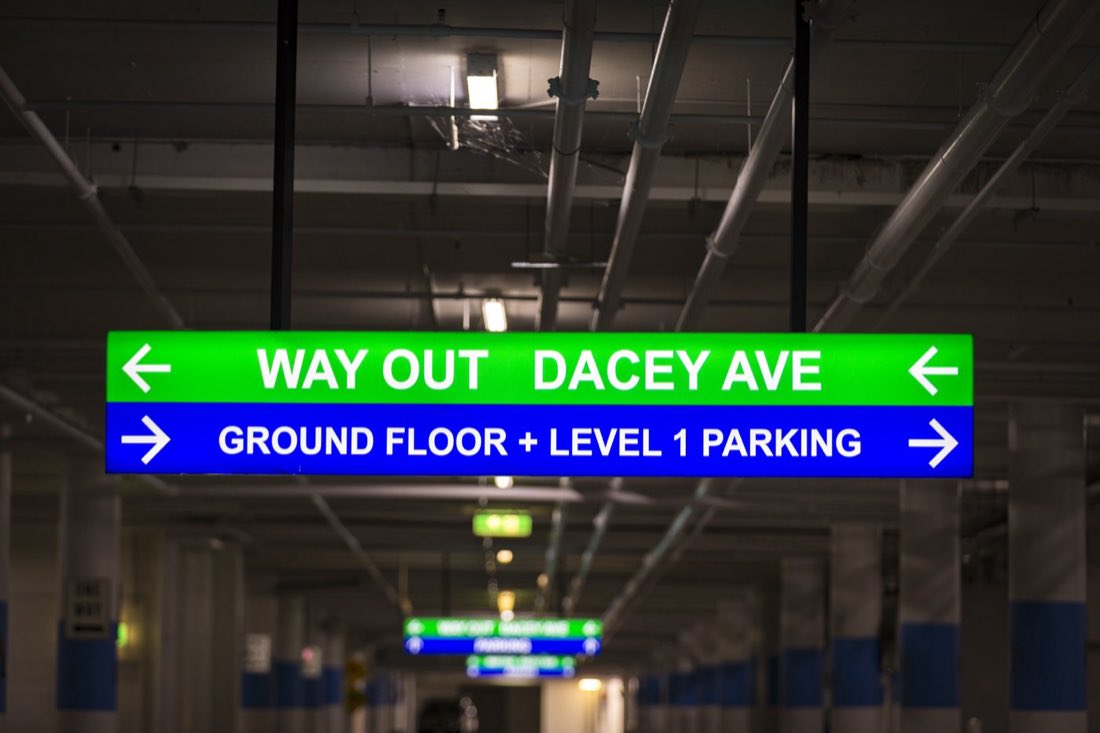 Way Out Dacey Ave directional lightbox